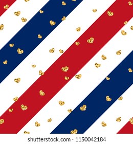 Gold heart seamless pattern. Red-blue-white geometric stripes, golden confetti-hearts. Symbol of love, Valentine day holiday. Design wallpaper, background, fabric texture Vector illustration