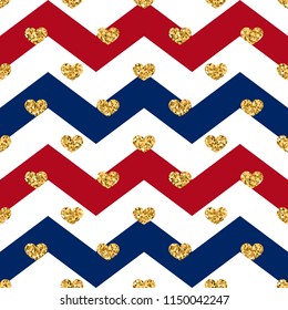 Gold heart seamless pattern. Red-blue-white geometric zig zag, golden confetti-hearts. Symbol of love, Valentine day holiday. Design wallpaper, background, fabric texture Vector illustration