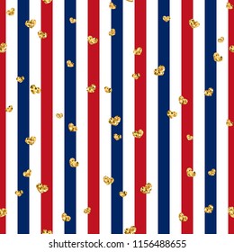 Gold heart seamless pattern. Red-blue-white geometric stripes, golden confetti-hearts. Symbol of love, Valentine day holiday. Design wallpaper, background, fabric texture Vector illustration