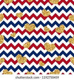 Gold heart seamless pattern. Red-blue-white geometric zig zag, golden confetti-hearts. Symbol of love, Valentine day holiday. Zigzag design wallpaper, background, texture. Vector illustration