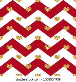 Gold heart seamless pattern. Red-white geometric zig zag, golden confetti-hearts. Symbol of love, Valentine day holiday. Design wallpaper, background, fabric texture Vector illustration