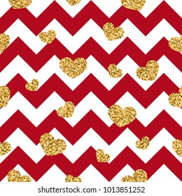Gold heart seamless pattern. Red-white geometric zig zag, golden confetti-hearts. Symbol of love, Valentine day holiday. Zigzag design wallpaper, background, texture Vector illustration