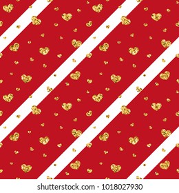 Gold heart seamless pattern. Red-white geometric stripes, golden confetti-hearts. Symbol of love, Valentine day holiday. Design wallpaper, background, fabric texture Vector illustration