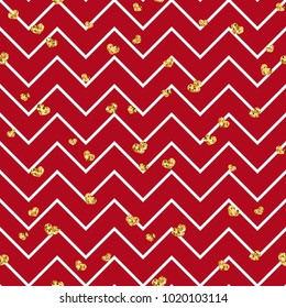 Gold heart seamless pattern. Red-white geometric zig zag, golden confetti-hearts. Symbol of love, Valentine day holiday. Zigzag design wallpaper, background, texture Vector illustration