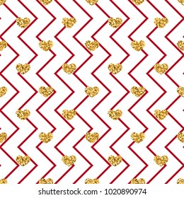 Gold heart seamless pattern. Red-white geometric zig zag, golden confetti-hearts. Symbol of love, Valentine day holiday. Design wallpaper, background, fabric texture Vector illustration