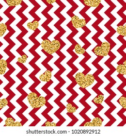 Gold heart seamless pattern. Red-white geometric zig zag, golden confetti-hearts. Symbol of love, Valentine day holiday. Zigzag design wallpaper, background, texture Vector illustration