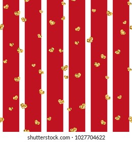 Gold heart seamless pattern. Red-white geometric stripes, golden confetti-hearts. Symbol of love, Valentine day holiday. Design wallpaper, background, fabric texture Vector illustration