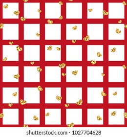Gold heart seamless pattern. Red-white geometric square, golden confetti-hearts. Symbol of love, Valentine day holiday. Design wallpaper, background, fabric texture Vector illustration