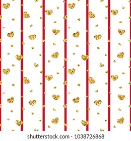 Gold heart seamless pattern. Red-white geometric stripes, golden confetti-hearts. Symbol of love, Valentine day holiday. Design wallpaper, background, fabric texture Vector illustration