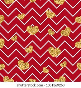 Gold heart seamless pattern. Red-white geometric zig zag, golden confetti-hearts. Symbol of love, Valentine day holiday. Zigzag design wallpaper, background, texture Vector illustration