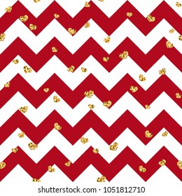 Gold heart seamless pattern. Red-white geometric zig zag, golden confetti-hearts. Symbol of love, Valentine day holiday. Zigzag design wallpaper, background, texture Vector illustration