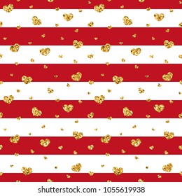 Gold heart seamless pattern. Red-white geometric stripes, golden confetti-hearts. Symbol of love, Valentine day holiday. Design wallpaper, background, fabric texture Vector illustration