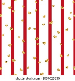 Gold heart seamless pattern. Red-white geometric stripes, golden confetti-hearts. Symbol of love, Valentine day holiday. Design wallpaper, background, fabric texture Vector illustration