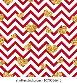 Gold heart seamless pattern. Red-white geometric zig zag, golden confetti-hearts. Symbol of love, Valentine day holiday. Zigzag design wallpaper, background, texture Vector illustration