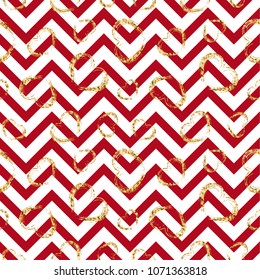 Gold heart seamless pattern. Red-white geometric zig zag, golden grunge confetti-hearts. Symbol of love, Valentine day holiday. Design wallpaper, background, fabric texture Vector illustration