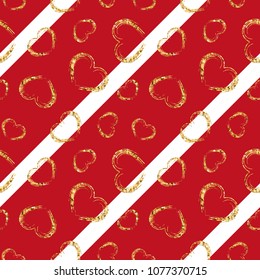 Gold heart seamless pattern. Red-white geometric stripes, golden grunge confetti-hearts. Symbol of love, Valentine day holiday. Design wallpaper, background, fabric texture Vector illustration