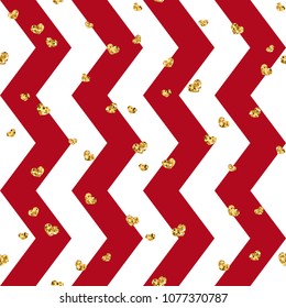 Gold heart seamless pattern. Red-white geometric zig zag, golden confetti-hearts. Symbol of love, Valentine day holiday. Zigzag design wallpaper, background, texture Vector illustration
