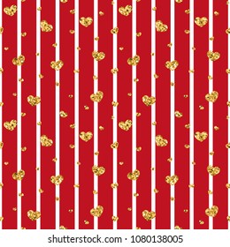 Gold heart seamless pattern. Red-white geometric stripes, golden confetti-hearts. Symbol of love, Valentine day holiday. Design wallpaper, background, fabric texture Vector illustration