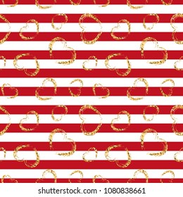 Gold heart seamless pattern. Red-white geometric stripes, golden grunge confetti-hearts. Symbol of love, Valentine day holiday. Design wallpaper, background, fabric texture Vector illustration