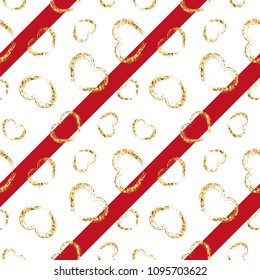 Gold heart seamless pattern. Red-white geometric stripes, golden grunge confetti-hearts. Symbol of love, Valentine day holiday. Design wallpaper, background, fabric texture Vector illustration