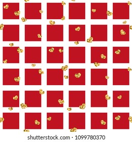 Gold heart seamless pattern. Red-white geometric square, golden confetti-hearts. Symbol of love, Valentine day holiday. Design wallpaper, background, fabric texture Vector illustration