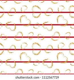 Gold heart seamless pattern. Red-white geometric stripes, golden grunge confetti-hearts. Symbol of love, Valentine day holiday. Design wallpaper, background, fabric texture Vector illustration