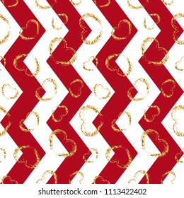 Gold heart seamless pattern. Red-white geometric zig zag, golden grunge confetti-hearts. Symbol of love, Valentine day holiday. Design wallpaper, background, fabric texture Vector illustration