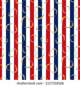 Gold heart seamless pattern. Red-white geometric stripes, golden grunge confetti-hearts. Symbol of love, Valentine day holiday. Design wallpaper, background, fabric texture Vector illustration