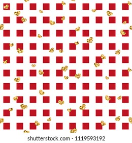 Gold heart seamless pattern. Red-white geometric square, golden confetti-hearts. Symbol of love, Valentine day holiday. Design wallpaper, background, fabric texture Vector illustration