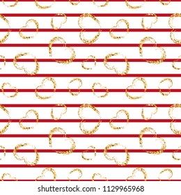 Gold heart seamless pattern. Red-white geometric stripes, golden grunge confetti-hearts. Symbol of love, Valentine day holiday. Design wallpaper, background, fabric texture Vector illustration