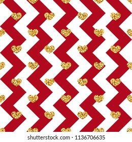 Gold heart seamless pattern. Red-white geometric zig zag, golden confetti-hearts. Symbol of love, Valentine day holiday. Design wallpaper, background, fabric texture Vector illustration