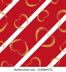 Gold heart seamless pattern. Red-white geometric stripes, golden grunge confetti-hearts. Symbol of love, Valentine day holiday. Design wallpaper, background, fabric texture Vector illustration