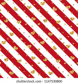 Gold heart seamless pattern. Red-white geometric stripes, golden confetti-hearts. Symbol of love, Valentine day holiday. Design wallpaper, background, fabric texture Vector illustration