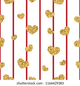 Gold heart seamless pattern. Red-white geometric stripes, golden confetti-hearts. Symbol of love, Valentine day holiday. Design wallpaper, background, fabric texture Vector illustration