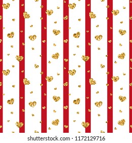 Gold heart seamless pattern. Red-white geometric stripes, golden confetti-hearts. Symbol of love, Valentine day holiday. Design wallpaper, background, fabric texture Vector illustration