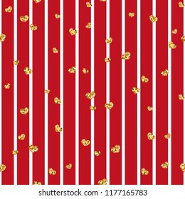 Gold heart seamless pattern. Red-white geometric stripes, golden confetti-hearts. Symbol of love, Valentine day holiday. Design wallpaper, background, fabric texture Vector illustration