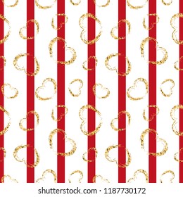 Gold heart seamless pattern. Red-white geometric stripes, golden grunge confetti-hearts. Symbol of love, Valentine day holiday. Design wallpaper, background, fabric texture Vector illustration