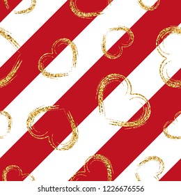 Gold heart seamless pattern. Red-white geometric stripes, golden grunge confetti-hearts. Symbol of love, Valentine day holiday. Design wallpaper, background, fabric texture Vector illustration