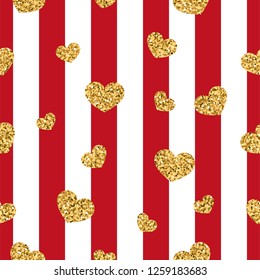 Gold heart seamless pattern. Red-white geometric stripes, golden confetti-hearts. Symbol of love, Valentine day holiday. Design wallpaper, background, fabric texture Vector illustration