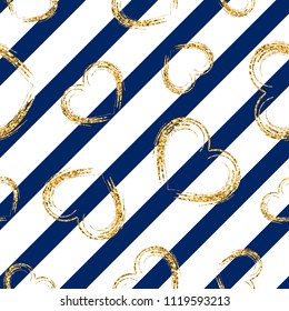 Gold heart seamless pattern. White-blue geometric stripes, golden grunge confetti-hearts. Symbol of love, Valentine day holiday. Design wallpaper, background, fabric texture Vector illustration