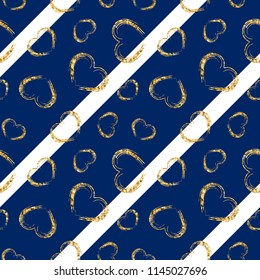 Gold heart seamless pattern. White-blue geometric stripes, golden grunge confetti-hearts. Symbol of love, Valentine day holiday. Design wallpaper, background, fabric texture Vector illustration