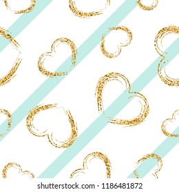 Gold heart seamless pattern. White-blue geometric stripes, golden grunge confetti-hearts. Symbol of love, Valentine day holiday. Design wallpaper, background, fabric texture Vector illustration