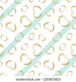 Gold heart seamless pattern. White-blue geometric stripes, golden grunge confetti-hearts. Symbol of love, Valentine day holiday. Design wallpaper, background, fabric texture Vector illustration