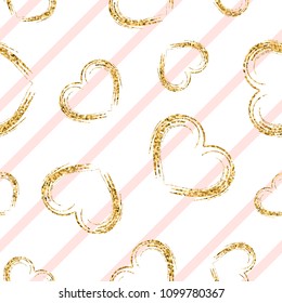 Gold heart seamless pattern. White-pink geometric stripes, golden grunge confetti-hearts. Symbol of love, Valentine day holiday. Design wallpaper, background, fabric texture Vector illustration