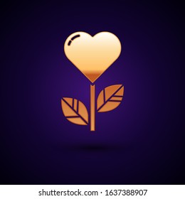 Gold Heart shape in a flower icon isolated on dark blue background.  Vector Illustration