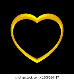 gold heart shape isolated on black background, golden heart shaped icon, gold heart logo, image of golden heart shaped symbol for graphic element of decorate embellish design