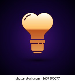 Gold Heart shape in a light bulb icon isolated on dark blue background. Love symbol. Valentine day symbol.  Vector Illustration