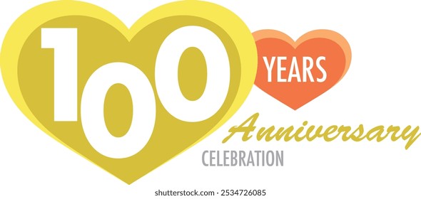 gold heart shape with number of 100 white color. orange heart shape with words years white color and anniversary celebration, isolated on white background.
