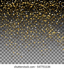 Gold Heart shaped confetti for Valentine day background. Design layout template. Vector illustration on transparent background. Festive romantic confetti.