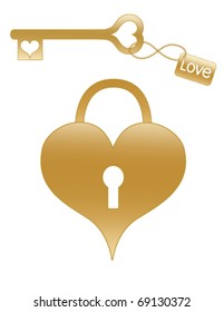 Gold Heart Shaped Lock and Key.  Fully editable and resizable.